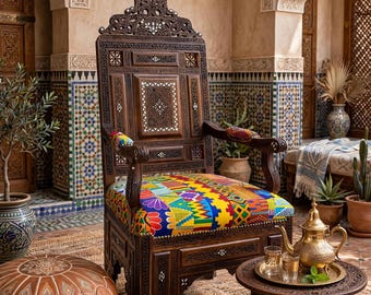 Vintage Hand Carved Syrian Chair | Mother of Pearl Inlay, African