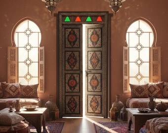 Handmade Camel Bone Inlaid Door: Vintage Middle Eastern Cedar & Silver Metal