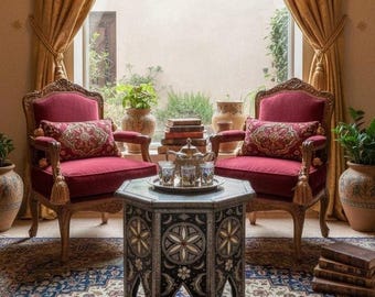 One of a kind vintage unique Bone Inlay side Table: Handmade Moroccan coffee table