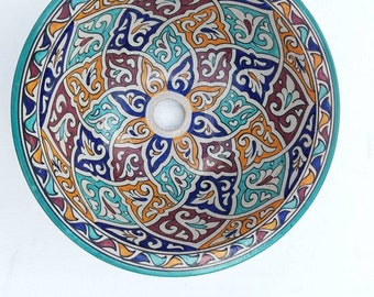 FEZ Handmade Moroccan bathroom sink vanity clay pottery wash basin. Give your bathroom cabinet a moorish hand painted andalusian sink look