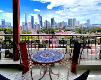 Blue Moroccan Mosaic Tile Table, Handmade Wrought Iron Base (32")