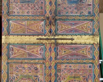 Large Painted vintage moroccan riad bedroom double door handmade indoor harem wall decor door wooden artwork african living