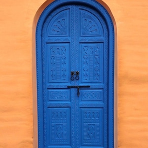 Blue moroccan Artwork Moorish carved riad door handmade indoor bedroom mediterranean architectural wooden Moroccan arch wooden door
