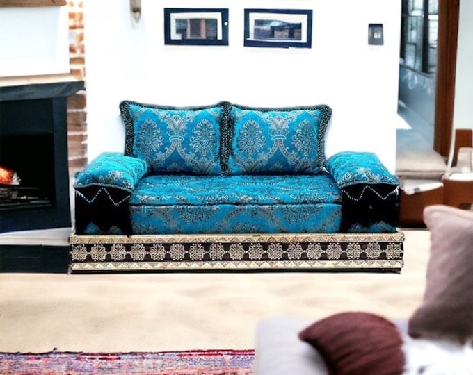 Blue moroccan upholstered golden fabric couch, moroccan furniture  daybed sofa that would add a special tone to your bedroom or living room