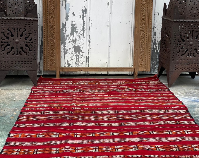 103x66” vintage dark red kilim rug handwoven berber floor area low pile carpet for bedroom or living room all wool made women of the atlas