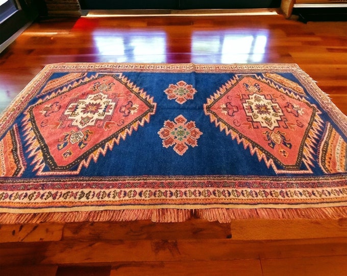 125” x 65” Dark orange and blue Vintage taznakht rug collection piece moroccan berber handwoven carpet connoisseur rug for bedroom