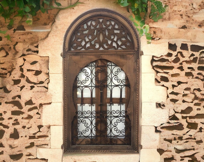 Marrakech Vintage moroccan wrought iron filigree window, moorish architecture wall hanging decoration wood work glass window home decor