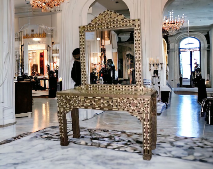 High end vintage silver metal and white console moroccan bone inlay with mirror this is the missing piece of furniture for your bedroom