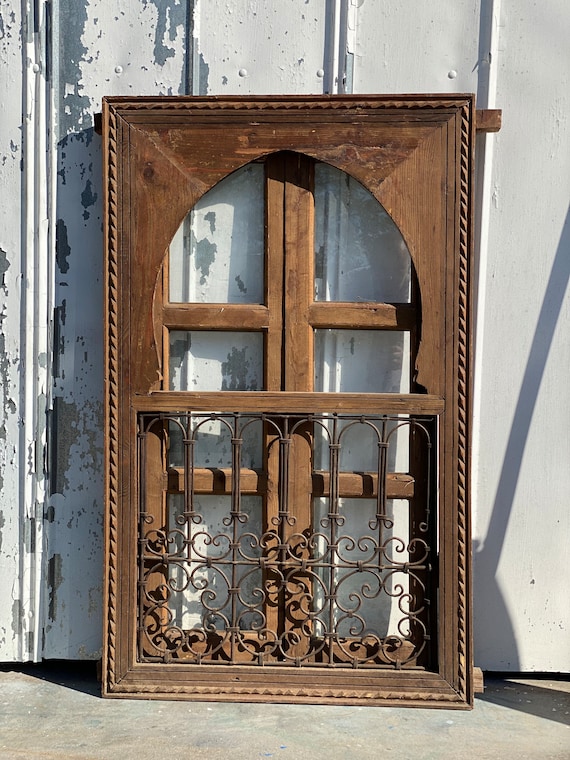 Moroccan Vintage Window With Wrought Iron Filigree, Architectural