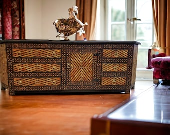 A conversation piece orange bone inlay vintage moroccan furniture  inlaid camel bone cabinet moorish dresser buffet bedroom living room bed
