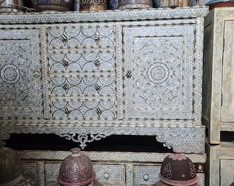Unique Large Vintage White mother of pearl dresser cabinet for bedroom, living room or office, inlaid moroccan shell bone chest of drawers