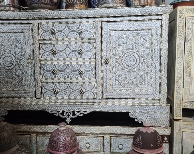 Unique Large Vintage White mother of pearl dresser cabinet for bedroom, living room or office, inlaid moroccan shell bone chest of drawers