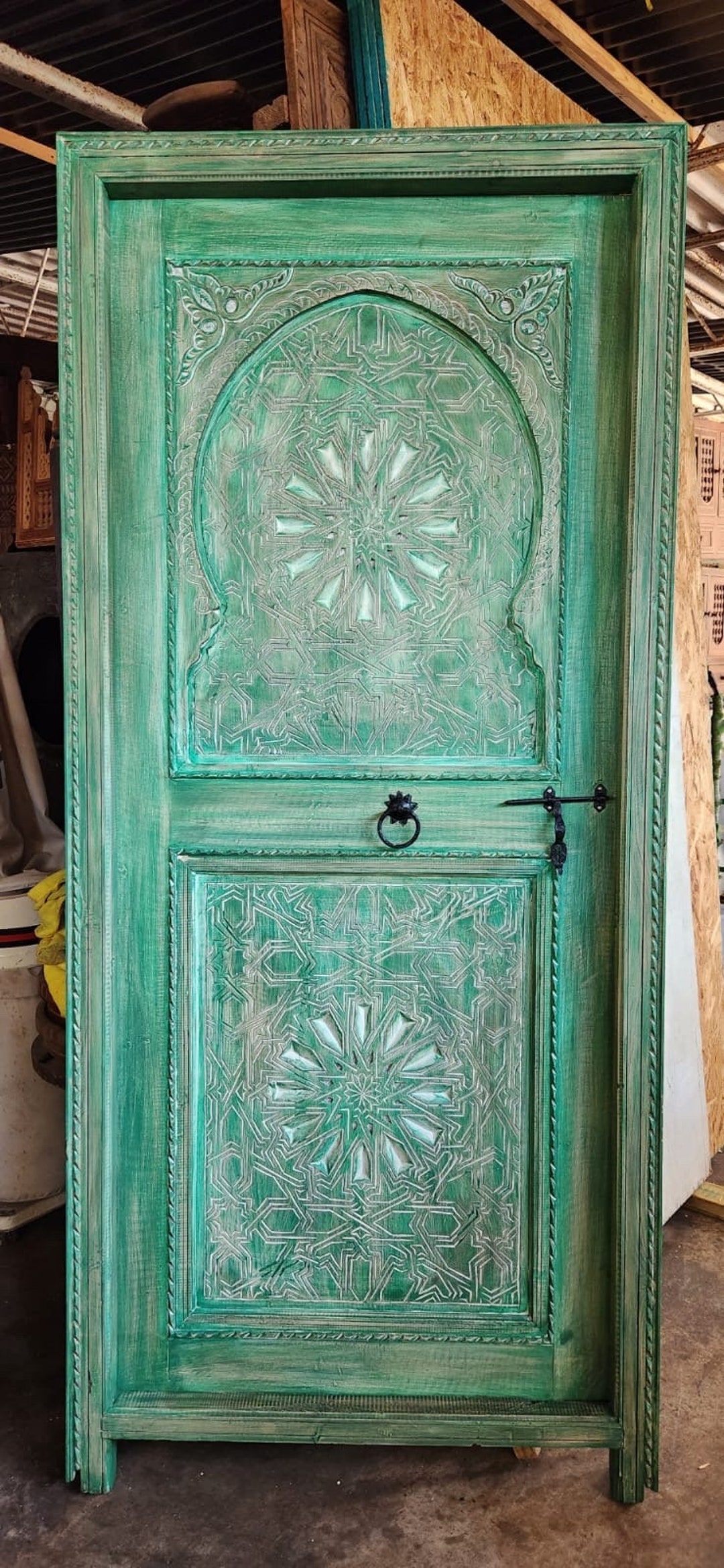 緑色の彫刻木製扉 2枚セット＊中国？ il_1080xN.5366329802_okzn.jpg