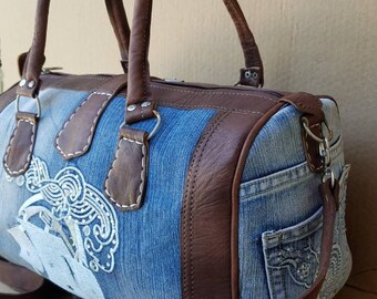 Faded Vintage Jean's and leather weekender bag made of cow hide boho travel luggage carry on moroccan bohemian handbag christmas gift