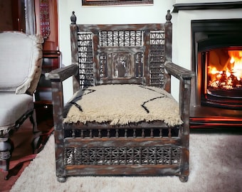 One of a kind Moroccan upholstered beni ourain carpet wooden chair vintage mousharabia artwork wool chair for bedroom living room or office