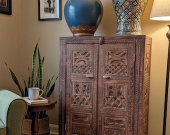 African vintage Hand-Carved Solid Wood Moroccan cabinet: armoire Tribal Bedroom Furniture