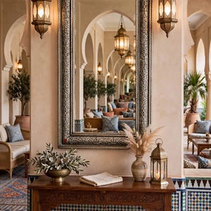 May include: A rectangular wall mirror with an ornate silver frame featuring intricate carvings, flanked by two hanging brass lanterns. Below, a wooden console table with tiled front panels holds a brass bowl, a vase with dried grass, and a lantern.
