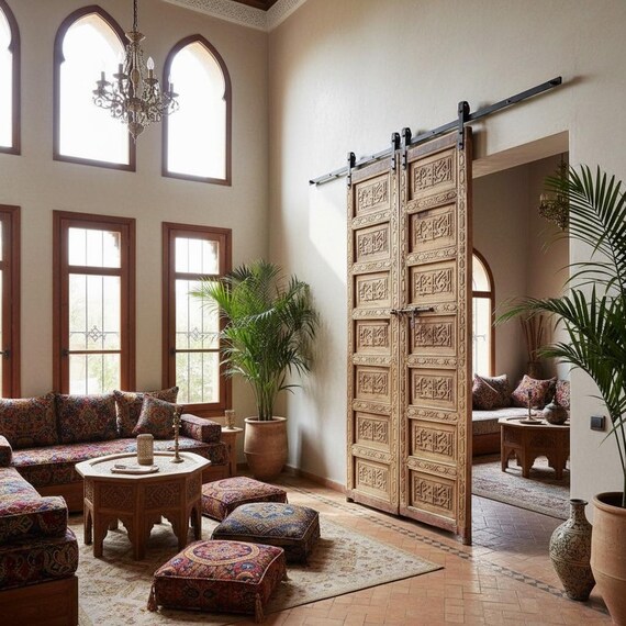 Vintage Arabic Calligraphy Carved Cedar Double Door: Moroccan Home