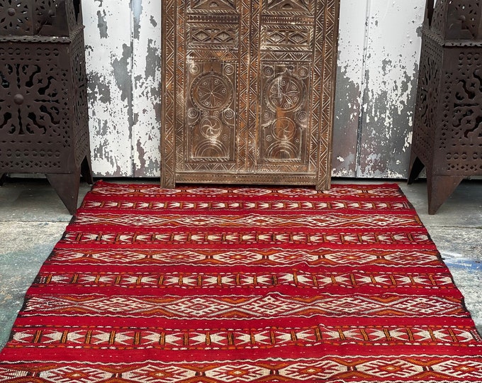 125x65” vintage dark red kilim rug handwoven berber floor area low pile carpet for bedroom or living room all wool made women of the atlas