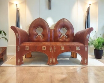 Unique vintage moroccan leather bench, furniture sofa for bedroom,  living room one of a kind home decor