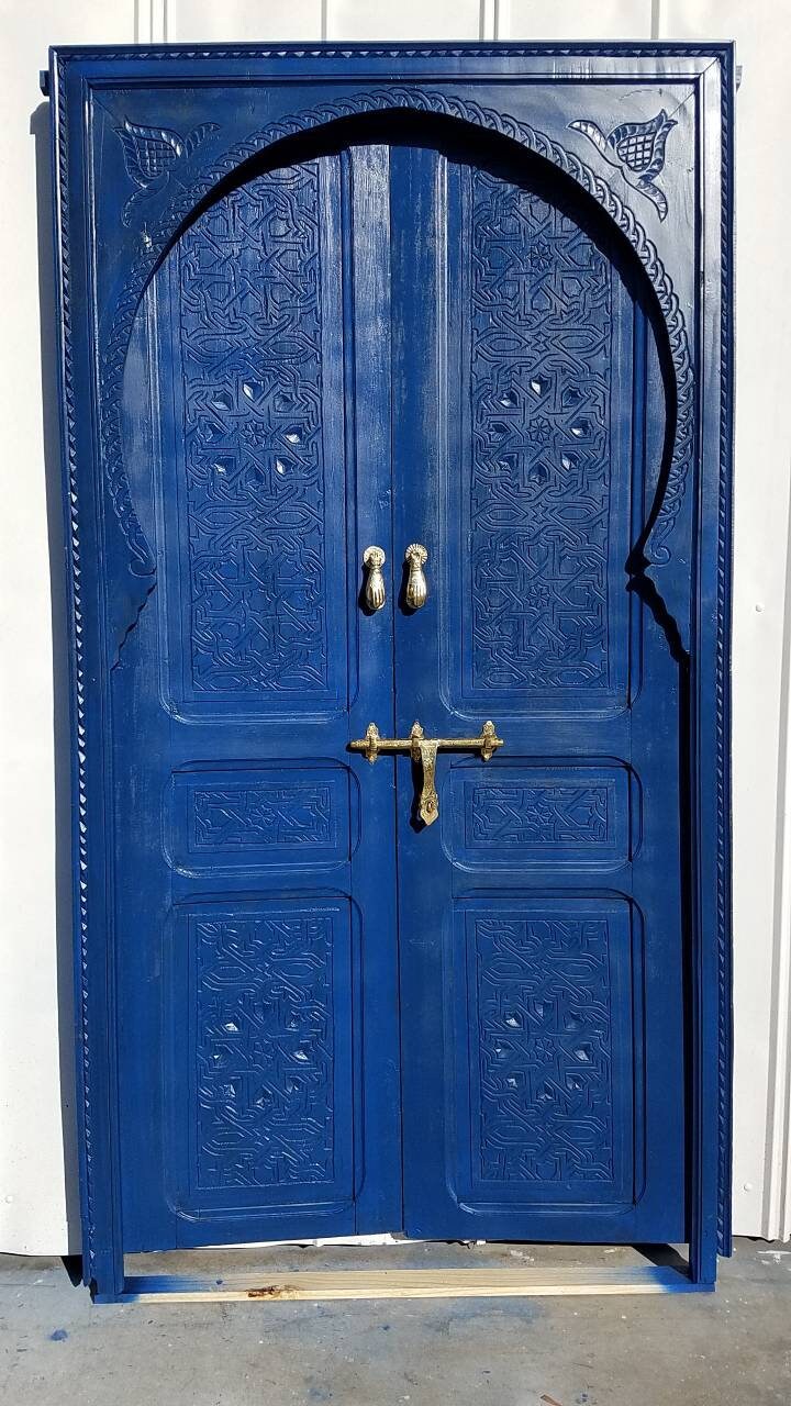 Vintage Blue Moorish double entry door panels handmade carving indoor