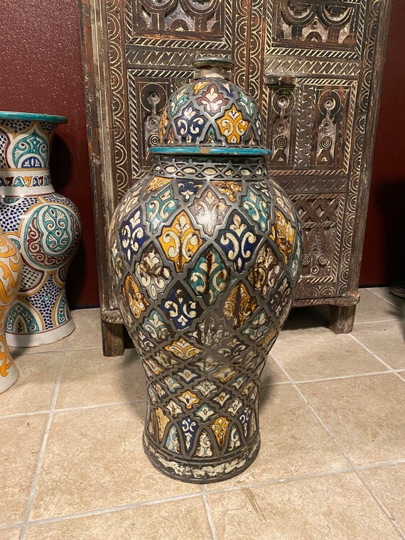 Vintage Moroccan Vase With Lid, Handmade Pottery, Metal Accents - Etsy