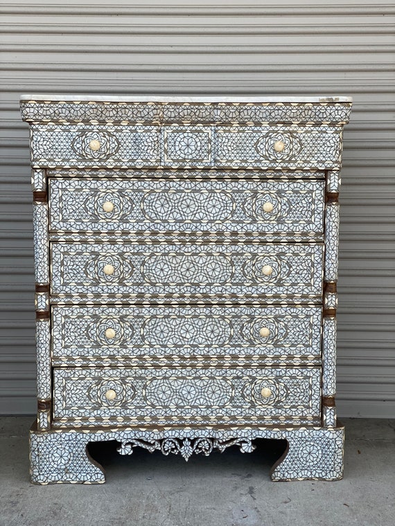 ivory inlay dresser Handcrafted Syrian Mother of Pearl Inlaid Chest of Drawers, Bone Inlay,  Marble Top