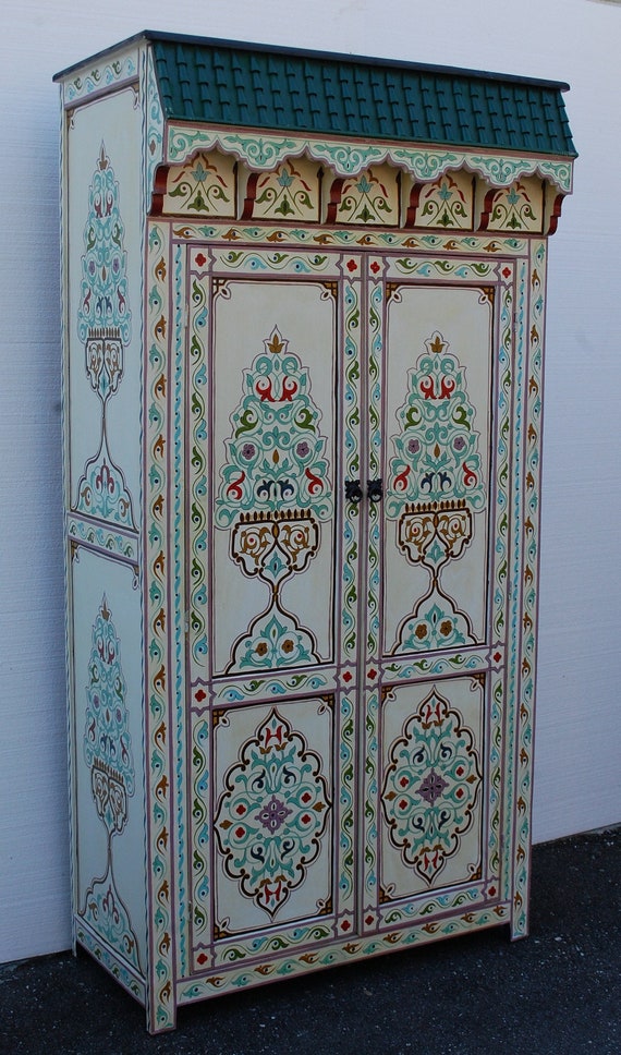 Large Vintage Moroccan Hand Painted Cream Armoire Moorish Bedroom