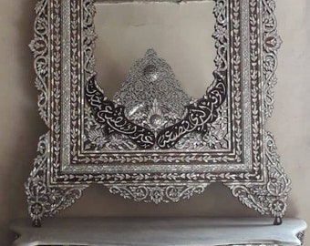 High end vintage chest of drawers mother of pearl bone inlay cabinet with mirror conversation piece of  middle eastern calligraphy poetry