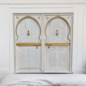 Exquisite headboard bed Handmade Moroccan double door panels bed hand carved brass knockers bedroom geometric artwork  bedroom furniture