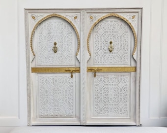 Exquisite headboard bed Handmade Moroccan double door panels bed hand carved brass knockers bedroom geometric artwork  bedroom furniture