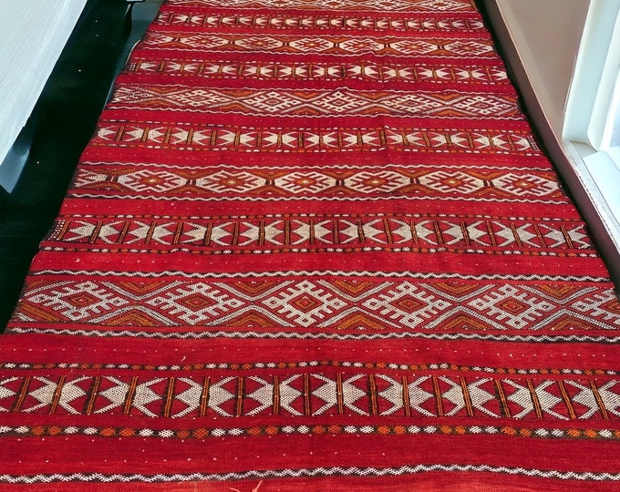 125x65” vintage dark red kilim rug handwoven berber floor area low pile carpet for bedroom or living room all wool made women of the atlas