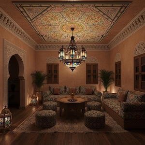 Hand-Painted Moroccan Wooden Ceiling Panel, Moorish Architectural Decor (80x80)
