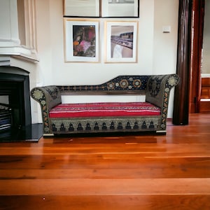 Handmade Moroccan Kilim Rug Bench, Silver Metal Inlay, Upholstered Sofa image 2