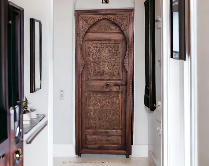 Moroccan door geometric hand carving indoor bedroom moorish mediterranean architectural wood work vintage door handmade unique home decor