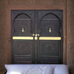 king headboard bed Handmade Moroccan double door panels bed hand carved brass knockers sultan bedroom geometric artwork  bedroom furniture