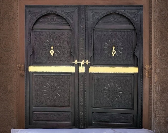 Featured listing image: king headboard bed Handmade Moroccan double door panels bed hand carved brass knockers sultan bedroom geometric artwork  bedroom furniture