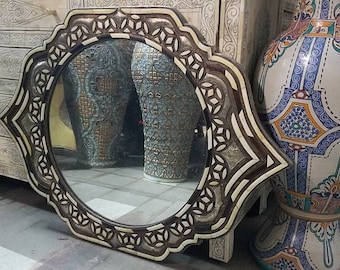 Unique handmade vintage white camel bone inlay bathroom sink mirror moroccan mirror for bedroom or living room middle eastern decor