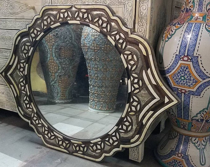 Unique handmade vintage white camel bone inlay bathroom sink mirror moroccan mirror for bedroom or living room middle eastern decor