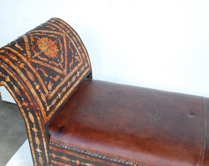 Vintage unique moroccan inlay orange bone and upholstered leather bench, furniture sofa for bedroom, living room one of a kind sofa