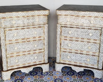 Two Vintage white mother of pearl inlay nightstands with marble top middle easten shell cabinet syrian chest of drawers bedroom furniture