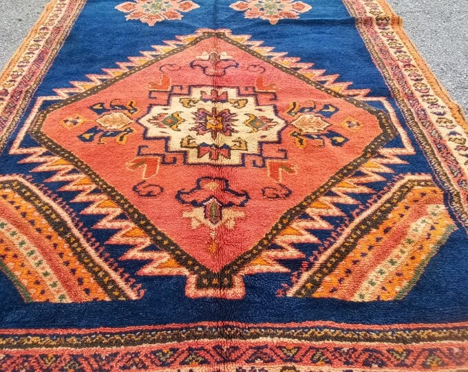 125” x 65” Dark orange and blue Vintage taznakht rug collection piece moroccan berber handwoven carpet connoisseur rug for bedroom