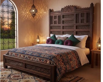 Handmade Moroccan Mousharabia Bed - Carved Lattice Headboard