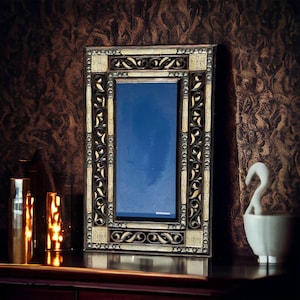 Unique vintage touareg african handmade silver camel inlay bone mirror living room or bedroom furniture moroccan one of a kind mirror