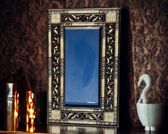Unique vintage touareg african handmade silver camel inlay bone mirror living room or bedroom furniture moroccan one of a kind mirror