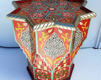 Red Hand painted moroccan wooden with silver accents table for living room bedroom indoor outdoor painted furniture unique home decor add