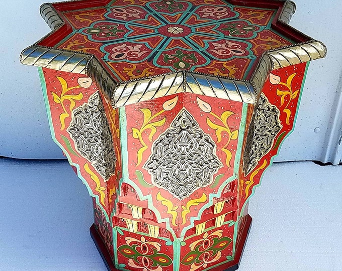 Red Hand painted moroccan wooden with silver accents table for living room bedroom indoor outdoor painted furniture unique home decor add