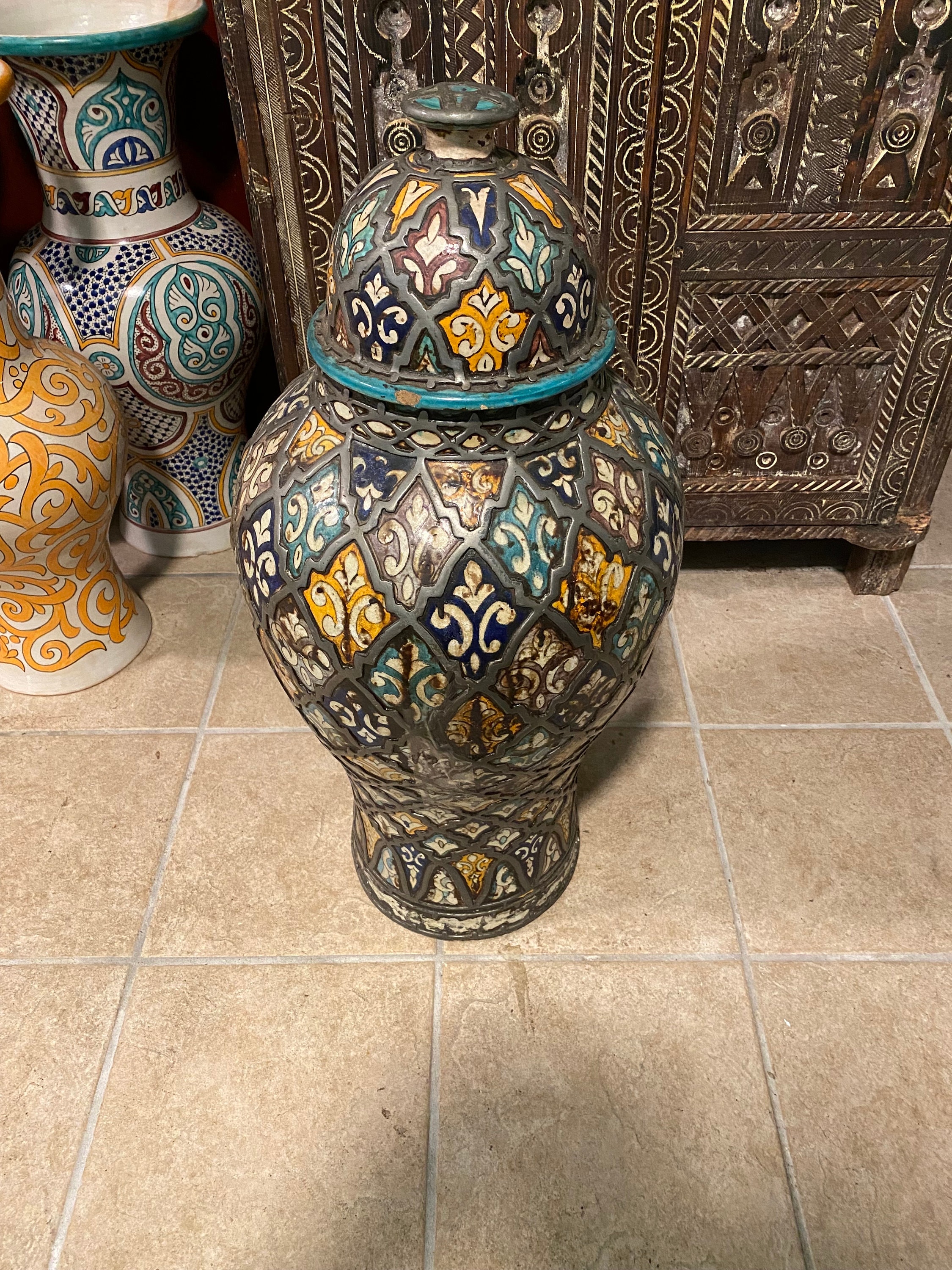 Vintage Moroccan Vase With Lid, Handmade Pottery, Metal Accents - Etsy