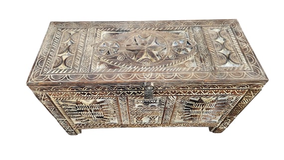 Vintage Carved Wood Moroccan Chest, Handmade Ethnic Furniture (64