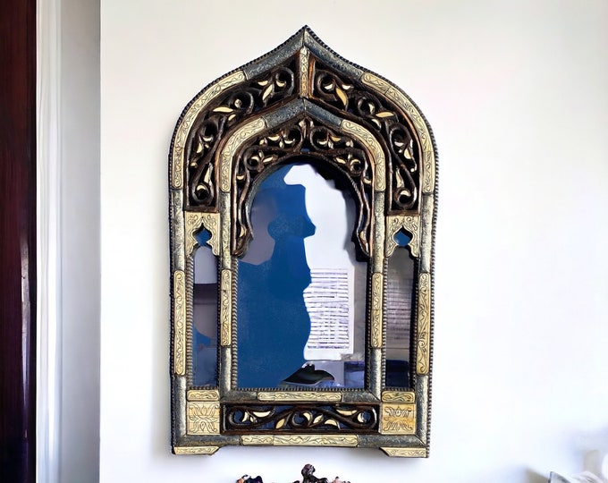 Royal vintage moorish arch mirror handmade silver camel inlay bone mirror living room or bedroom furniture moroccan one of a kind mirror